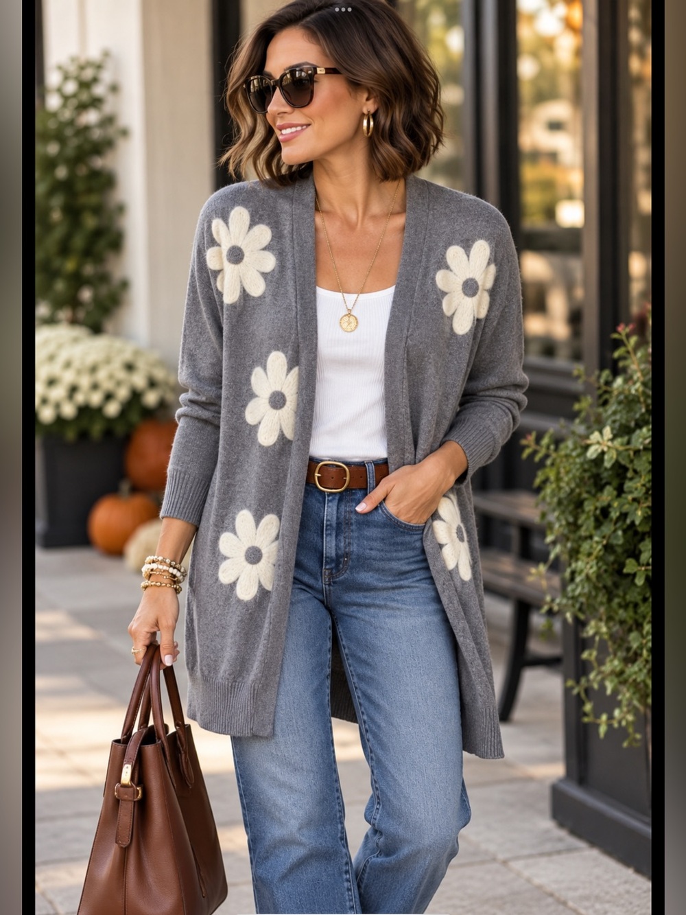 Aæda Gray Daisy Floral Appliqué Long Open Cardigan Sweater
 SZ M whimsical  BOHO